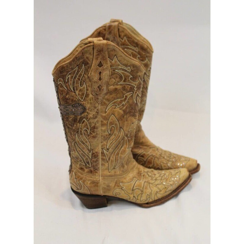 CORRAL Vintage Sz 8 1/2 M Beige Crystal Cross Embroidered Cowboy Boots